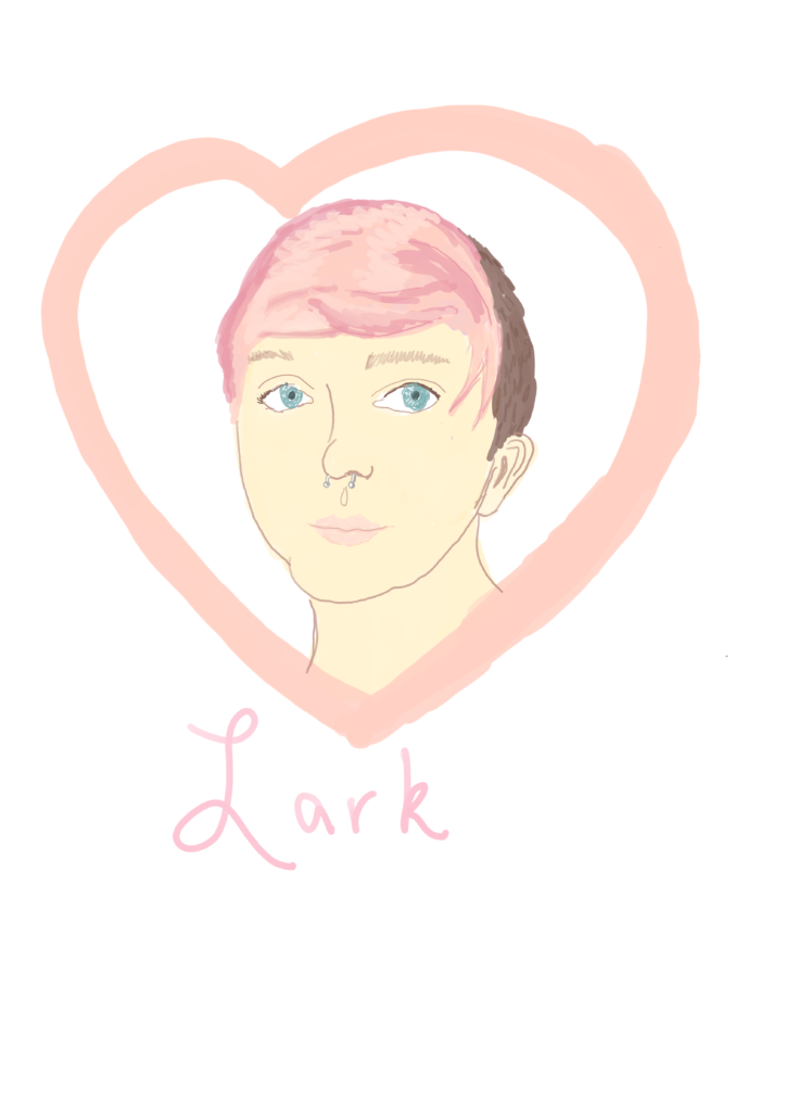 A digitally drawn picture of a human with short brown and pink hair. They have blue eyes and a septum piercing.