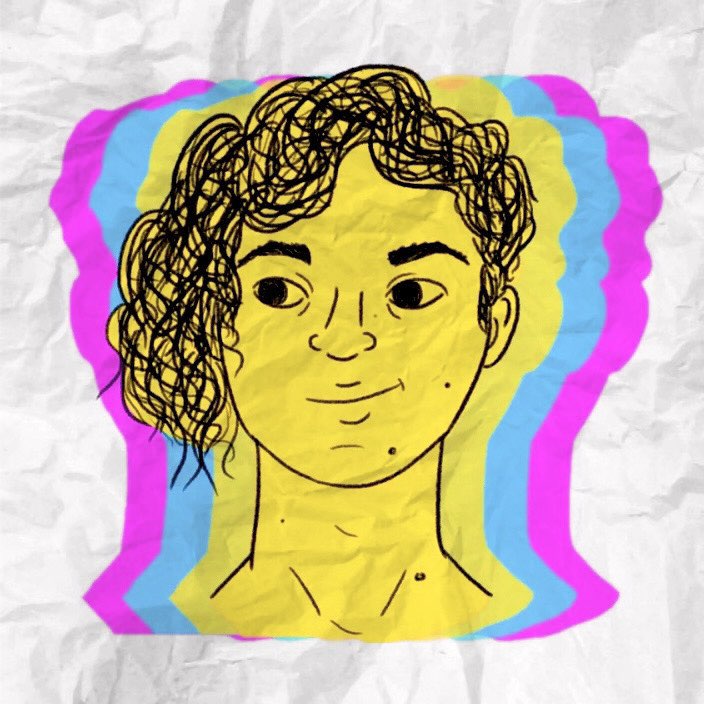 A digitally drawn sketch of a human with a curly undercut. The picture has overlapping shading in bright yellow, bright blue and bright purple.