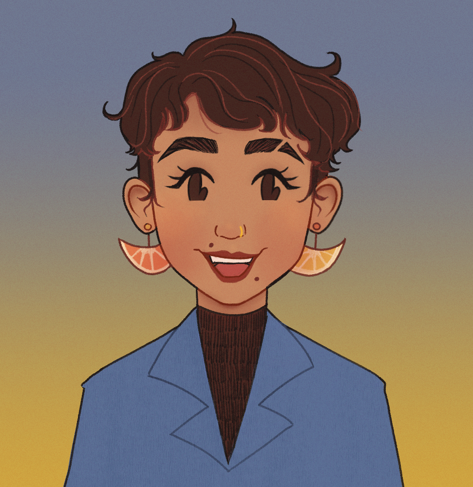 A digitally drawn image of a short haired human with short dark brown hair and brown eyes. They are wearing orange slice earrings.